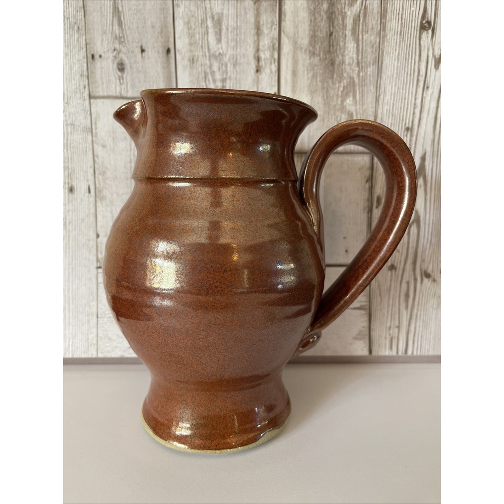 Studio Art Pottery Pitcher Signed MPP Bronze Iridescent Glaze Red Brown 7" Water